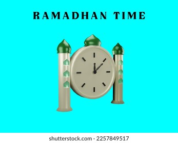 3d o'clock and mosque tower for ramadhan time, ornament, ramadhan asset on isolated background