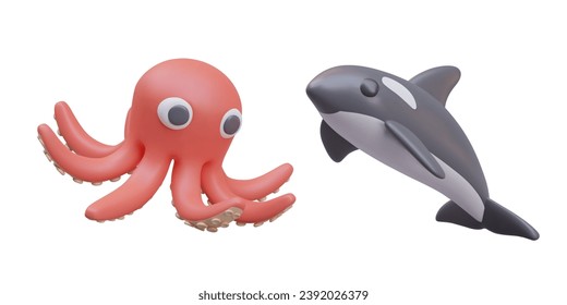 pulpo 3D y ballena asesina al estilo de las caricaturas. Diferentes tipos de depredadores marinos. Fauna oceánica. Caracteres personalizados para el diseño web. Zoología. Creatura del mundo subacuático