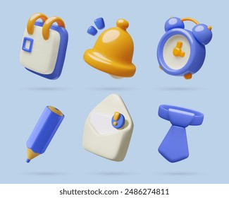 3d office and business vector icons collection. Bell, clock, calendar, mail, tie and pencil three dimensional isolated objects. 