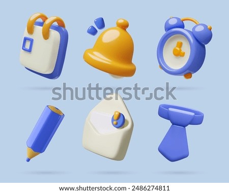 3d office and business vector icons collection. Bell, clock, calendar, mail, tie and pencil three dimensional isolated objects. 