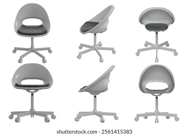 3D office chair in Front Side Back view. Transparent background. 2K image.