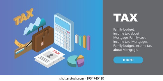 3D Office-Desk mit Briefkasten, Geldbeutel, Taschenrechner, Geld und Dokument für die Steuerberechnung. Finanzbericht mit Graph Charts. Berechnung der Zahlung, des Gehalts oder der Steuern. Rechnungslegung und Finanzmanagement.