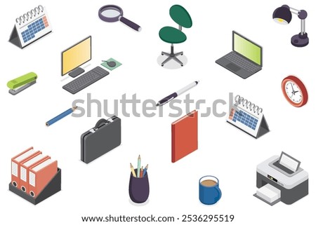 3d office icon set including calendar, printer, clock, chair, cup, pencils, lamp, magnifying glass, stapler, folders, pen, computer, laptop and case. Vector isometric illustration.