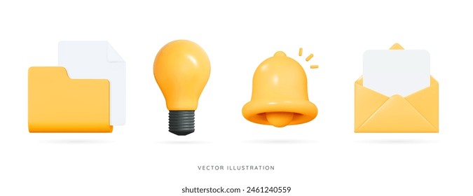 3D Office icon set. Yellow folder with document, lightbulb, bell notification and open letter in envelope. Project plan concept. Business work and education. Cartoon design. 3D Vector illustration