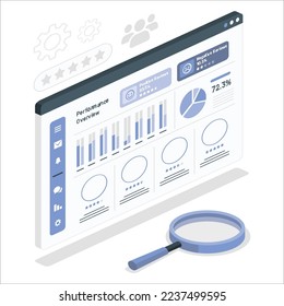 3d office network search strategy business. business Performance overview chart in tablet with magnifying glass. Financial data charts and graphs on the table.  Chart of business data graph diagram