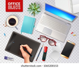 3D office objects on transparent background including personal accessories, electronic devices, stationery, plant and coffee vector illustration