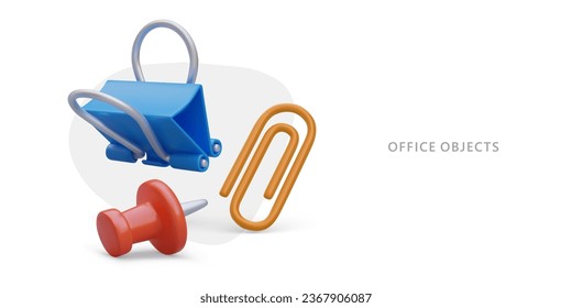 3D office objects. Red pin, blue binder clip, yellow paper clip. Color vector composition, place for text on white background. Advertising of stationery manufacturer. Back to school