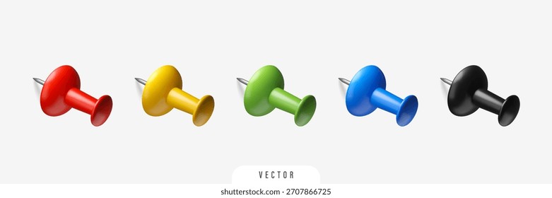 3D office thumbtack with shadow. Realistic set of paper push pin isolated on white background. Vector illustration