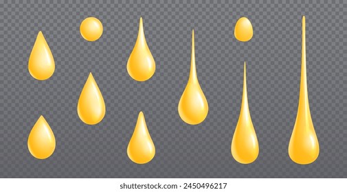 Gota de aceite 3d. Gota de miel dorada aislada Vector. Goteo de esencia líquida de oliva o argán. Conjunto de Clipart de suero de vitamina cosmética de naturaleza realista. Loción orgánica amarilla para la colección gráfica hidratante de la piel