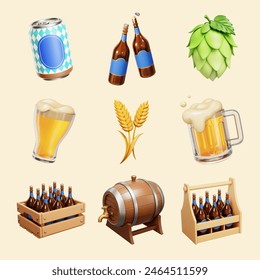 3D Oktoberfest beer elements isolated on beige background.