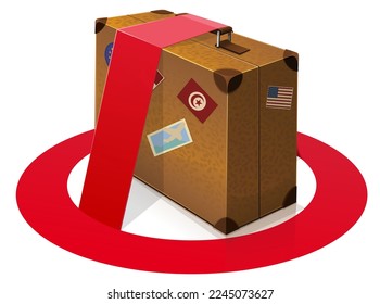 3D old brown leather suitcase with the red circular prohibition symbol lying on it on a white background