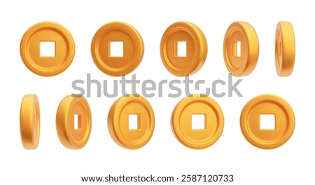 3D old Chinese coins with square hole. Realistic spinning golden coins. Rotating Asian design element for Chinese New Year. Feng Shui Good luck symbol. Vector illustration isolated on white background