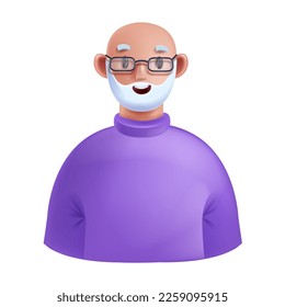 3D old man avatar, vector elderly pensioner, senior grandfather portrait, happy retired cartoon face. Adult smiling person, male character, silver hair, glasses, sweater. Cheerful old man profile