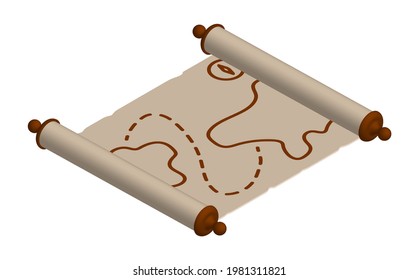 3d old map. Papyrus paper rolled up. Medieval letters and pirate treasure maps. Isometric vector