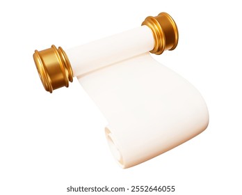 3d old parchment paper scroll icon. Gold and white colors. Stock vector illustration on isolated background. 