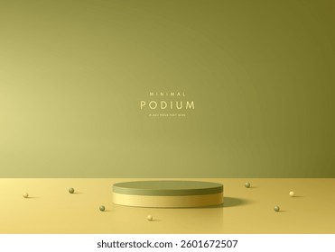 3D olive green cylindrical podium background with empty clean wall scene. Minimalist mockup pedestal. Abstract stand product display presentation, Stage for showcase. Vector platforms geometric design