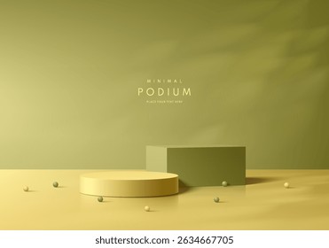 3D olive green cylindrical podium background with empty clean wall scene. Minimalist mockup pedestal. Abstract stand product display presentation, Stage for showcase. Vector platforms geometric design