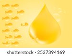 3D omega 3 fish oil soft gel capsules in a shape of fish gummies. Glowing golden oil drop with copy space. Healthy nutrition vitamin D3, ocean krill oil DHA, EPA supplements background.