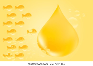 3D Omega 3 Fischöl Weichgel Kapseln in Form von Fisch Gummis. Goldener Öltropfen mit Kopienraum. Gesunde Ernährung Vitamin D3, Krillöl Ozean DHA, EPA ergänzt Hintergrund.