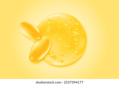 3D omega 3 fish oil soft gel capsules, microscope illustration of glowing golden oil drop with fatty acid bubbles. Healthy nutrition, vitamin D3, ocean krill oil DHA, EPA supplements background.