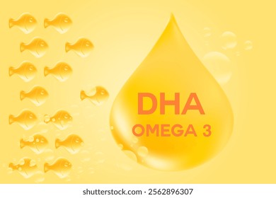 3D omega 3 fish oil soft gel capsules in a shape of fish gummies. Glowing golden oil drop with copy space. Healthy nutrition vitamin D3, ocean krill oil DHA, EPA supplements background.