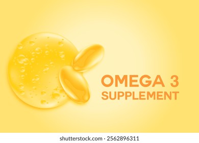 3D omega 3 fish oil soft gel capsules, microscope illustration of glowing golden oil drop with fatty acid bubbles. Healthy nutrition, vitamin D3, ocean krill oil DHA, EPA supplements background.