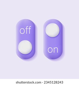 3d on and off toggle button. Purple slide bar icon. Unlock and lock. Software user interface. Modern vector illustration.