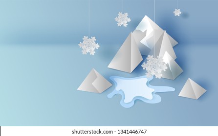 3D on top view of paper art and craft Mountains landscape scene,Snowfall Graphic design for Winter season. Wintertime white valley design.paper cut style creative illustration place text space,vector.