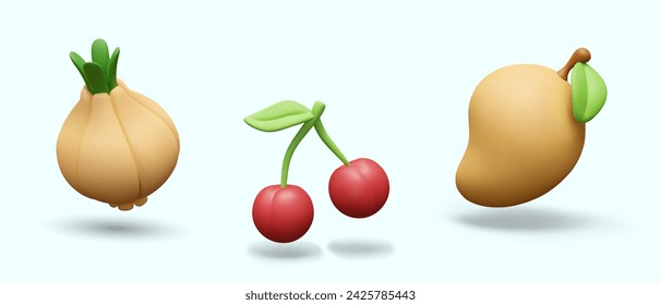 Cebolla 3D, cereza, mango en estilo de dibujos animados. Conjunto de ilustraciones vectoriales en color