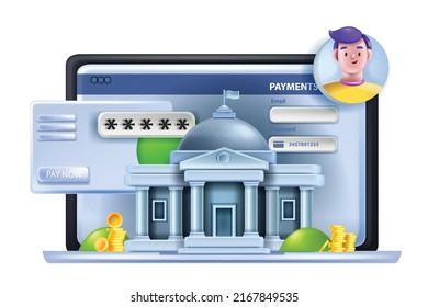 concepto de vector de banca en línea 3D, pago de finanzas digitales, servicio de aplicación de pago de dinero por internet, pila de monedas. Cuenta comercial segura, avatar de usuario, pantalla de ordenador portátil, tarjeta de crédito, edificio de banco. Banca en línea