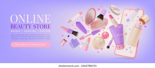 3d Online Beauty Store Makeup Skincare Perfume Product Concept Ads Banner Poster Card. Vector illustration