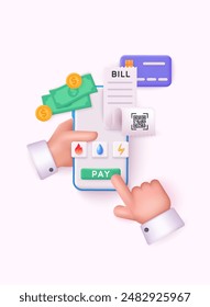 3d online bill on mobile phone banking online payments concept. 3d web vector illustration.