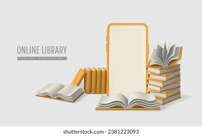 3d online bookstore. Smartphone books. User selects books in online library, application for smartphone. Vector illustration.