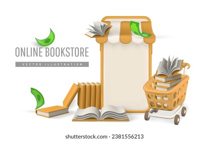 3d online bookstore. Smartphone books. Modern online shopping, application for smartphone. Vector illustration.