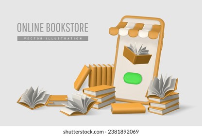 3d online bookstore. Smartphone with striped shop canopy and books. Modern online shopping, application for smartphone. Vector illustration.
