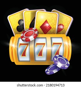 3D online casino gambling game illustration, vector golden reel slot, chips, blackjack cards sign. Big jackpot background, 777 success play, poker Vegas winner banner. Online casino free spin clipart