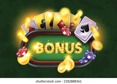 3D online casino welcome bonus background, vector reward game poster green poker table, playing card. Gambling extra loyalty offer, flying chips, winner competition banner. Casino bonus backdrop