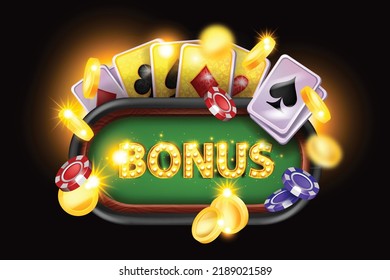 3D online casino welcome bonus background, playing card, vector reward game poster green poker table. Gambling extra loyalty offer, winner competition banner, flying chips. Casino bonus backdrop