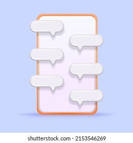 Chat en línea 3D en tu teléfono y chatea con mensajes de burbujas. Chatea a través de la aplicación en tu teléfono o charla. Mensaje de texto o charla en línea Ilustración vectorial 3D