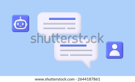 3D online chatbot app with messages. Dialog help service. User and bot speech messages. Artificial intelligence technology concept. Customer support service AI. Trendy and modern vector in 3d style.