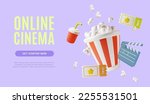 3d Online Cinema Ads Banner Concept Poster Card for Smartphone and Laptop Plasticine Cartoon Style . Vector illustration