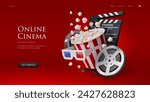 3D online cinema portal or landing page with vector realistic popcorn bucket, film reel, movie glasses and clapper board. Cinema web page with menu buttons for movie theater online tickets website