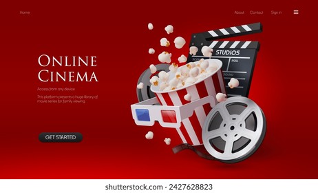 3D online cinema portal or landing page with vector realistic popcorn bucket, film reel, movie glasses and clapper board. Cinema web page with menu buttons for movie theater online tickets website