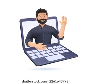 3D online communication concept with happy man. Man gesturing hi during remote virtual call. Business person on laptop computer screen at live video webinar. 3D vector illustration isolated on white