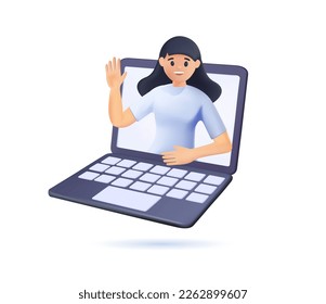 3D online communication, virtual call concept. Business woman peeking out of laptop computer screen 3D. Remote live video webinar via internet. 3D vector illustration isolated on white background