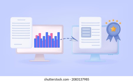 3d online data transmission. Sharing, information, remote platform. Transmitting or receiving data, analyzing graphs with a successful final result on a computer screen. Digital technologies. 