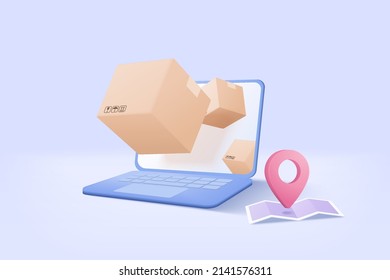 3D online deliver service, delivery tracking laptop, pin location point marker of map for shipment concept. Product shipping packing come out from notebook. Logistic icon 3d vector render illustration