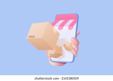 3D online deliver service, delivery tracking smartphone, hand holding mobile 3d for shipment tracking concept. Product shipping packing out from smartphone. Logistic icon 3d vector render illustration