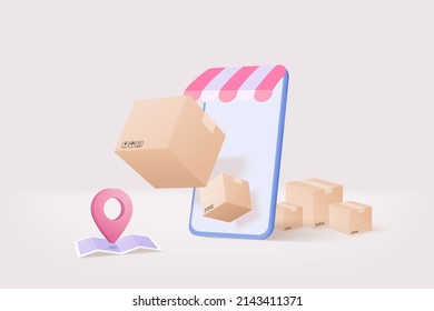 3D online deliver service, delivery tracking smartphone, pin location point marker of map for shipment concept. Product shipping packing out from mobile. Logistic icon 3d vector render illustration