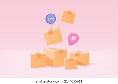 3D online deliver service, delivery tracking location, pin location point marker of map for shipment concept. Product shipping packing out from map. Logistic icon 3d vector render illustration